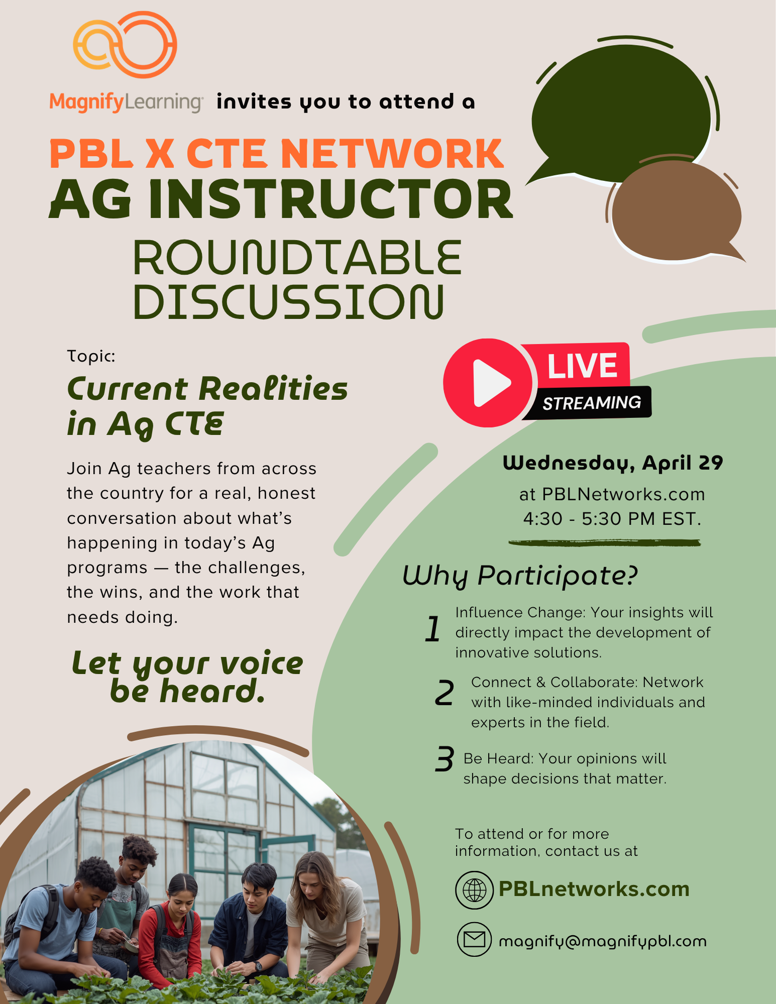 Ag Instructor CTE Roundtable Promo Apr 29 Magnify Learning
